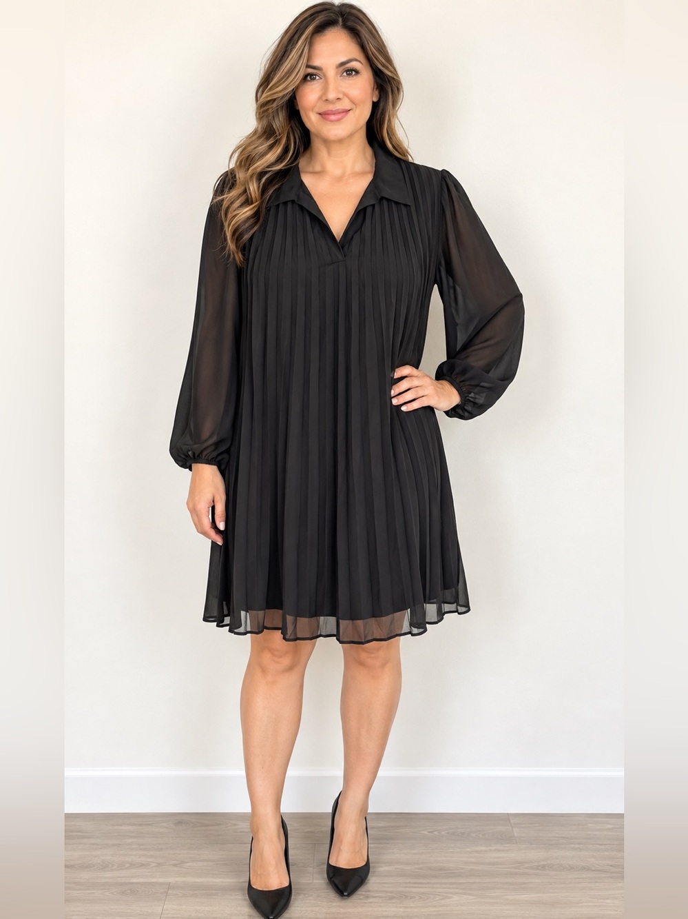 Nine West Black Pleated Chiffon Dress L Sheer Long Sleeve Collared A-Line